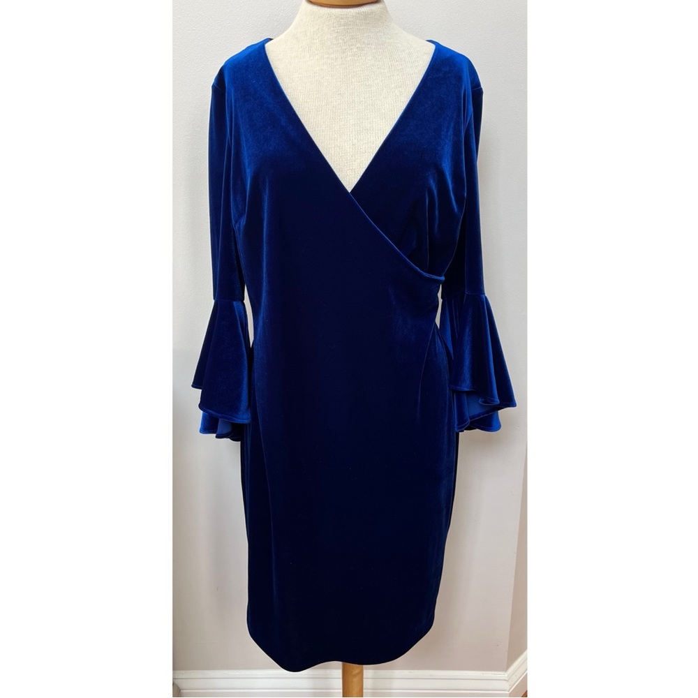 Calvin Klein Velvet Wrap Dress Blue Bell Sleeve Midi V Neck Size 12 Elegant